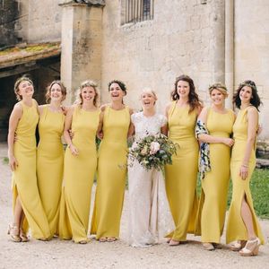 Cheap Yellow Bridesmaid Dresses Chiffon Side Slit Ankle Length Sleeveless Scoop Neck Ruched Pleats Custom Made Maid Of Honor Gown