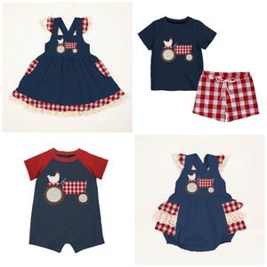 Summer baby girls boys dress short set romper farm yard plaid navy chick children clothes boutique cotton milk silk knee length LJ200915