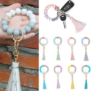 Wooden Tassel Bead String Bracelet Keychain Food Grade Silicone Beads Bracelets Women Girl Key Ring Wrist Strap Beaded Wristlet Bangle Chains for with Leather