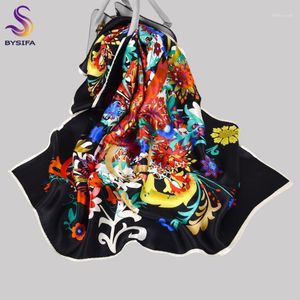 Lenços bysifa negro real lenço de seda senhoras luxo colorido floral grande quadrado impresso outono inverno pescoço xaile muslimhijab1