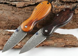 Högkvalitativ 6 tums Damaskus Pocket Folding Kniv VG10 Damaskus Stålblad Rosewood Handtag EDC Knivar med lädermantel