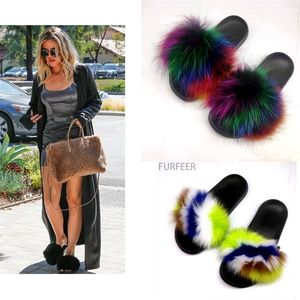 Damen Damen Pelz Slides Fuzzy Furry Hausschuhe Comfort Sliders Sandalen Schuhe Größe Fox Fur Slipper Y200423