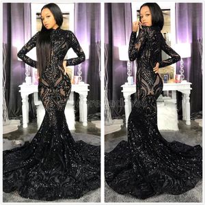 Black Sparkling Sequins Mermaid Prom Dresses 2022 High Neck Illusion Long Sleeves Sweep Train Formal Party Evening Gowns BC4122