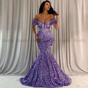Robe de Soir￩e Femme Purple paljetter Kvällsklänningar från axel sjöjungfrun prom klänningar afrikansk informell parti