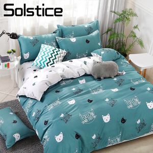 Solstice Home Textile Cyan Cute Cat Kitty Duvet Cover Pillow Case Bed Sheet Boy Kid Teen Girl Bedding Linens Set King Queen Twin C1018