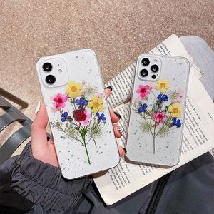 Caso de capa traseira de cristal criativo e elegante de flor seca real para iphone 11 12 capa pro max x xr xs max 6 7 8 mais capas de telefone