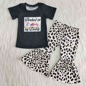 Großhandel Kinder Baby Mädchen Frühling Sommer Kleidung Sets Kinder Schwarz Kurzarm Top Hemd Leopard Schlaghosen Outfit G0119