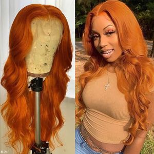 180% Ingwer Orange Brasilianische volle Spitze Front Perücke Wellenförmige Auburn Kupferrot Synthetische Perücken vorgepteten Haaransatz für Frauen