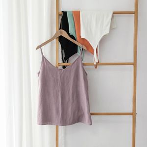 女性のTシャツのリネン夏の女性のタンクトップのセクシーな調節可能なスパゲッティストラップVネックノースリーブ基本原宿トップ女性の服のプラスサイズ