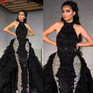 NEW! Black Sparkly Evening Dresses With Detachable Train Halter Beaded Sequins Prom Gown Cascading Ruffles Floor Length Formal Party Gown