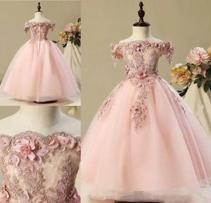 Adorable Pink Flower Girl Dresses For Wedding Party Off The Shoulder Lace Applique 3D Flowers Beaded Little Girl's Pageant Ball Gown Toddler Kids Formal Wear AL9866