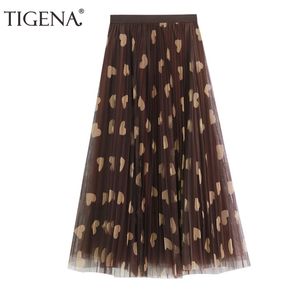 Tigena весна лето милое сердце печать тюль юбка женщины корейский мода линия высокая талия плиссированная длинная юбка женщина Y1214