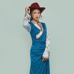 チベットスタイルのパーティードレスヴィンテージチベットの長いチャイナのドレスエレガントなガウンの女性の民族の獣道のスリム春秋の服