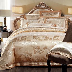 Wholesale jacquard silk bedding set gold resale online - 4 Gold Jacquard Satin bedding set king queen Luxury Tribute Silk quilt duvet cover bed linen bedclothes set home textile T200706