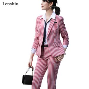 Lenshin 2 sztuk Zestaw Kobiet Ubrania Moda Paski Blazer i Spodnie Office Lady Ol Style Formalne Uniform Garnitury 201030