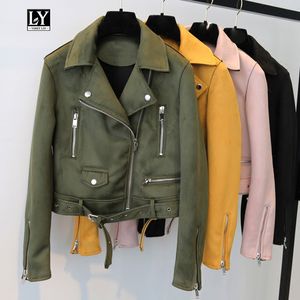 Ly Varey Lin Mulheres Soft Suede Couro Casaco de Motocicleta Jaqueta Girl-Down Collar Feminino Curto Casacos Preto Rosa Exército Verde Punk Outerwear LJ201012