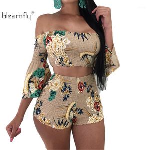 Floral Print Romper Jumpsuit Short Palysuit 2 Piece Set Women Flare Sleeve Sexy Off Shoulder Sexy Strapless Beach Rompers1