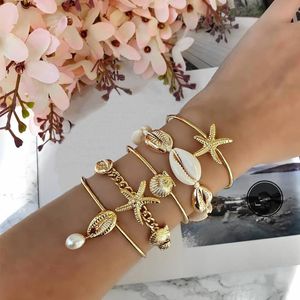 5 st / set Kvinnor Mode Armband Gold Starfish Shell Pearl Chain Armband Set Bohemian Classic Beach Party Smycken Tillbehör