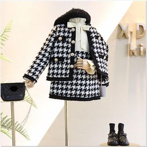 2021 New Spring Autumn Girls Set di abbigliamento per bambini Plaid Coat + Skirt 2pcs Set Kids Suit Abiti per bambini