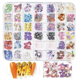 12 Grids Nail Art Jewelry Wood Pulp Chips Mixed Butterfly Flower Nails Tips Decal Decorations Manicure Accessories Tool