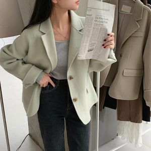 Höst Vinter Kvinnors Koreanska Stil All-Match Light Green Suit Collar Kort Yough Woolen Coat