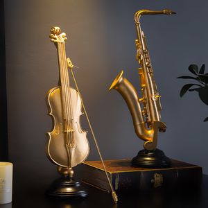 Modernt heminredning Violin Figuriner Sax Statuetter Tillbehör Desk Office Decor Resin Musical Instrument Modell Dekorativ T200703