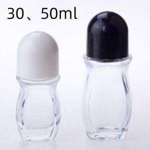30ml 50ml Clear Glass Essential Oil Perfume Bottle Flat Roll på flaskor med stor plastrulle för kroppsdeodorant Ögon Essentials