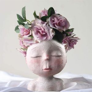 W&G Planters Pots Resin Head Vase Indoor Outdoor Succulent Planter Flower Vase Creative Face Statue Home Garden Decor Sculpture LJ201209