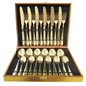 24 pezzi KuBac Hommi Set di forchette per coltelli da bistecca in acciaio inossidabile dorato di lusso Set di posate in oro con confezione regalo in legno di lusso Drop Shipping 201116