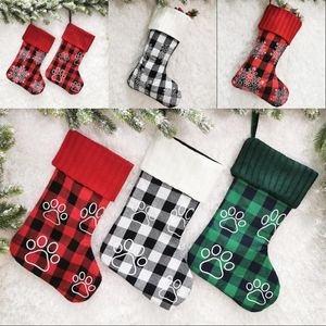 Czerwony Checker Boże Narodzenie Bag Pończocha Pies Paw Print Snowflake Dziania Prezent Torby Wieszaki 18 cali Xmas Tree Ornament 14gm G2