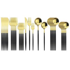 30 sztuk Czarny Złoty Sztućce 18/10 Ze Stali Nierdzewnej Nóż Naczynia Deserowe Fork Spoons Tableware Kitchen Silverware Set 201116