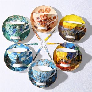 Van Gogh Sztuka Malarstwo Kawowe Kubki Gwiaździste Noc, Słoneczniki, Surówka, Irysy Saint-Remy Breakfast Tea Cups Christmas Gifts 220311