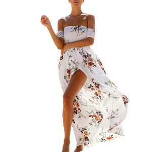 Women Off Shoulder Floral Print Boho Dress Fashion Beach Summer Dresses Ladies Strapless Chiffon Long Maxi Dress Vestidos XS-5XL LJ200810