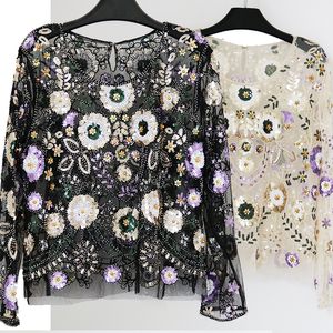 2019 Moda femminile Top sexy Party in rilievo Camicette con paillettes Stile europeo Runway maniche lunghe Camicie lucide Costumi di Halloween T200321