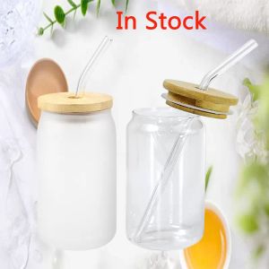 12oz Sublimation Clear Glass Can Blank DIY Wine Tumbler Frosted Coke Jar With Bamboo Lid Outdoor Picnic Coffee Milk Cup