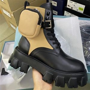 Women Monolith Fur Boot Rois Nylon Combat Boots Leather Ankle Martin Boots With Pouch Battle Shoes Rubber Sole Platform Shoes With Box