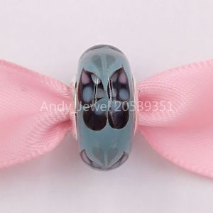 Аутентичные 925 серебряных бусин Blue Butterfly Kisses Murano Glass Charm