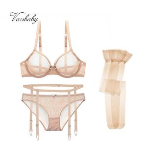 VarsBaby Sexy See-Through Garn Olined Underwire Bra Set Bras + Garters + Panties + Strumpor 4 st för damer Y200708