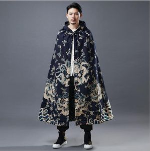 2021 Höst Vinter Etnisk Cape Dragon Pattern Plush Cape Ancient Chinese Style Hanfu Overcoat Opera Bomull Linen Cloak Blue Red