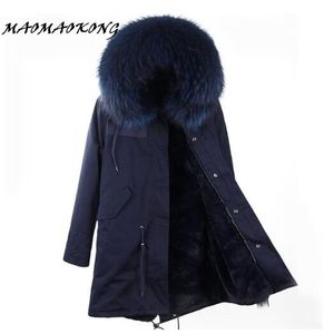 Giacca invernale da donna di marca Fodera lunga staccabile blu navy Parka Grande cappotto con cappuccio in vera pelliccia di procione Outwear 201027