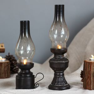 Creative Resin Crafts Nostalgic Kerosene Lamp Candle Holder Decoration Vintage Glass Cover Lantern Candlesticks Home Decor Gifts T200108