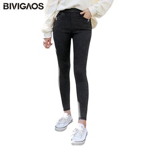 Bivigaos Primavera Outono Mulheres Webbing Skinny Calças de Jeans Lápis Calças Coreano Slim Jeggings Cintura Alta Cintura Elástica Lavagem de Lavagem Leggings 201105