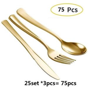 75pcs Disposable Gold Cutlery Plastic Wedding Party Tableware Set Bronze Golden Dinner Knife Fork Spoon Birthday Dinnerware Set 201112