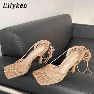 Eilyken New Sexy White Hollow Mesh Pumps Sandals Female Square Toe Stiletto High Heel Ankle Lace Up Cross-tied Party Dress shoes Y220225