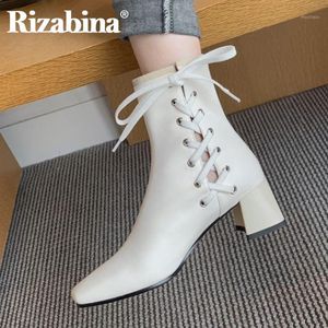 Rizabina yeni tasarım kadın ayak bileği botları gerçek deri kare ayak parmağı kış ayakkabıları zarif parti bayanlar ayakkabı boyutu 34-391