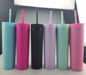 Toptan! 16 oz Mat Sıska Tumblers Kapak ve Samanlı Plastik Akrilik Tumbler 500ml Kahve İçme Çift Duvar Su Şişesi