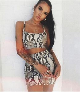 Two Piece Dress Set Women Snakeskin Print Sexy Summer Clothes Sleeveless Crop Tops Mini Skirts Party Club Ladies 2