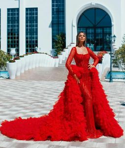 Red Prom Dresses With Detachable Train Long Sleeve Lace Appliques Party Dress Formal Tiered Ruffles Evening Gowns