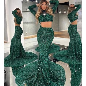 Glitter Hunter Green Sequins Prom Dresses Two Pieces Sleeves Mermaid Long Party Dress Women Elegant Pageant Gowns Customized 322