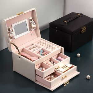 Storage Boxes & Bins Portable Three-Layor Drawer Jewelry Box Jewellery Organizer PU Leather Case Ring Earring Necklace Ear Stud Display Mother's Valentine Gift ZL0379